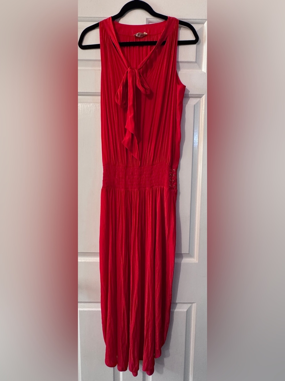 Ramy Brook Red Midi Dress Smock Laced Sides Tie Neck Size Small EUC